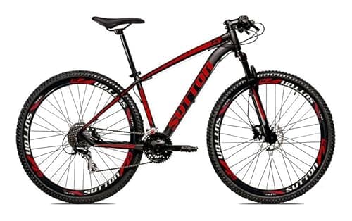 Bicicleta Aro 29 Sutton Gold 24V Freio a Disco Quadro de Alumínio 24 Marchas com Suspensão Cor Preto e Vermelho Tamanho 21